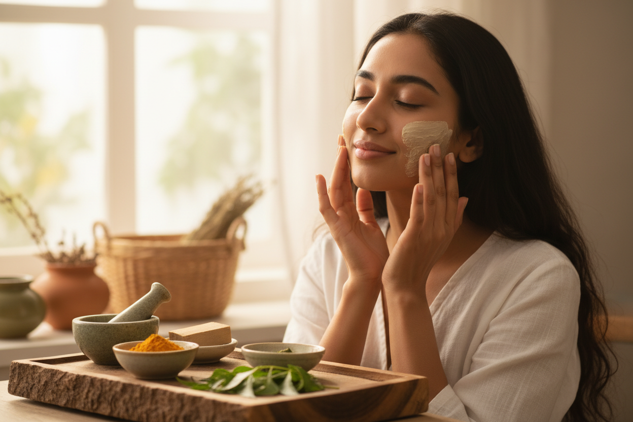 Girl using Ayurvedha product on face